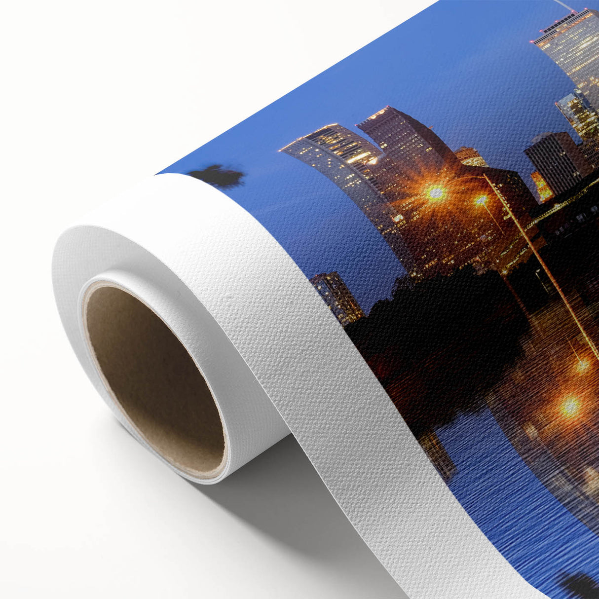 Art deco poster of Houston skyline in pastel blues and pinks on rolled canvas, ideal for nursery wall art.