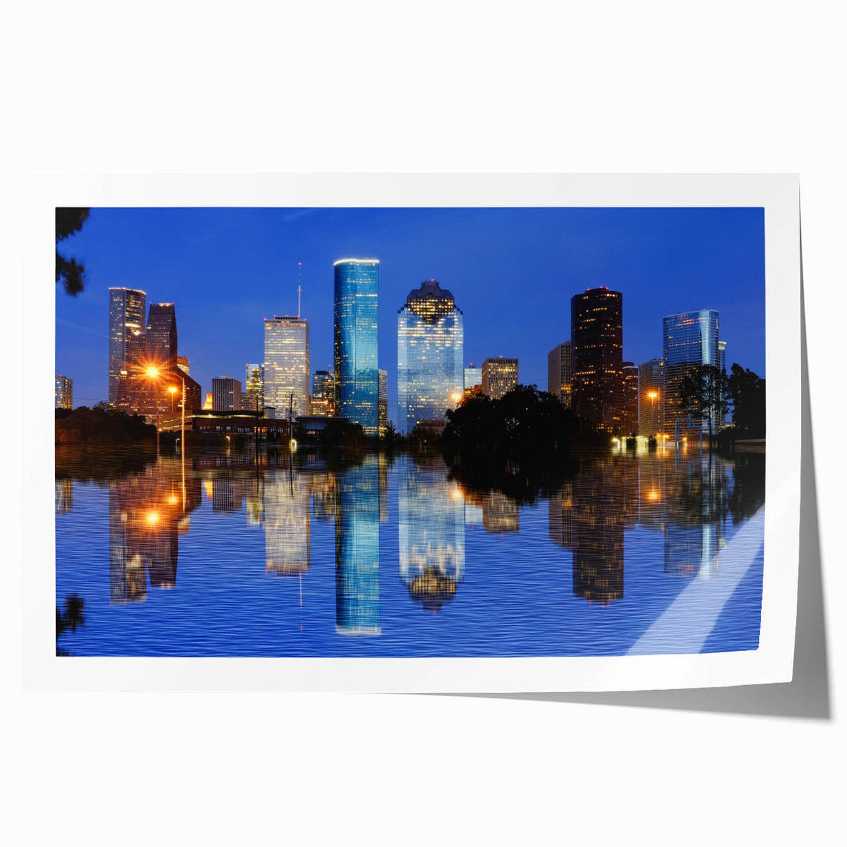 Rolled canvas print of Houston skyline with soft pink and blue tones, ideal for art wall dining room.