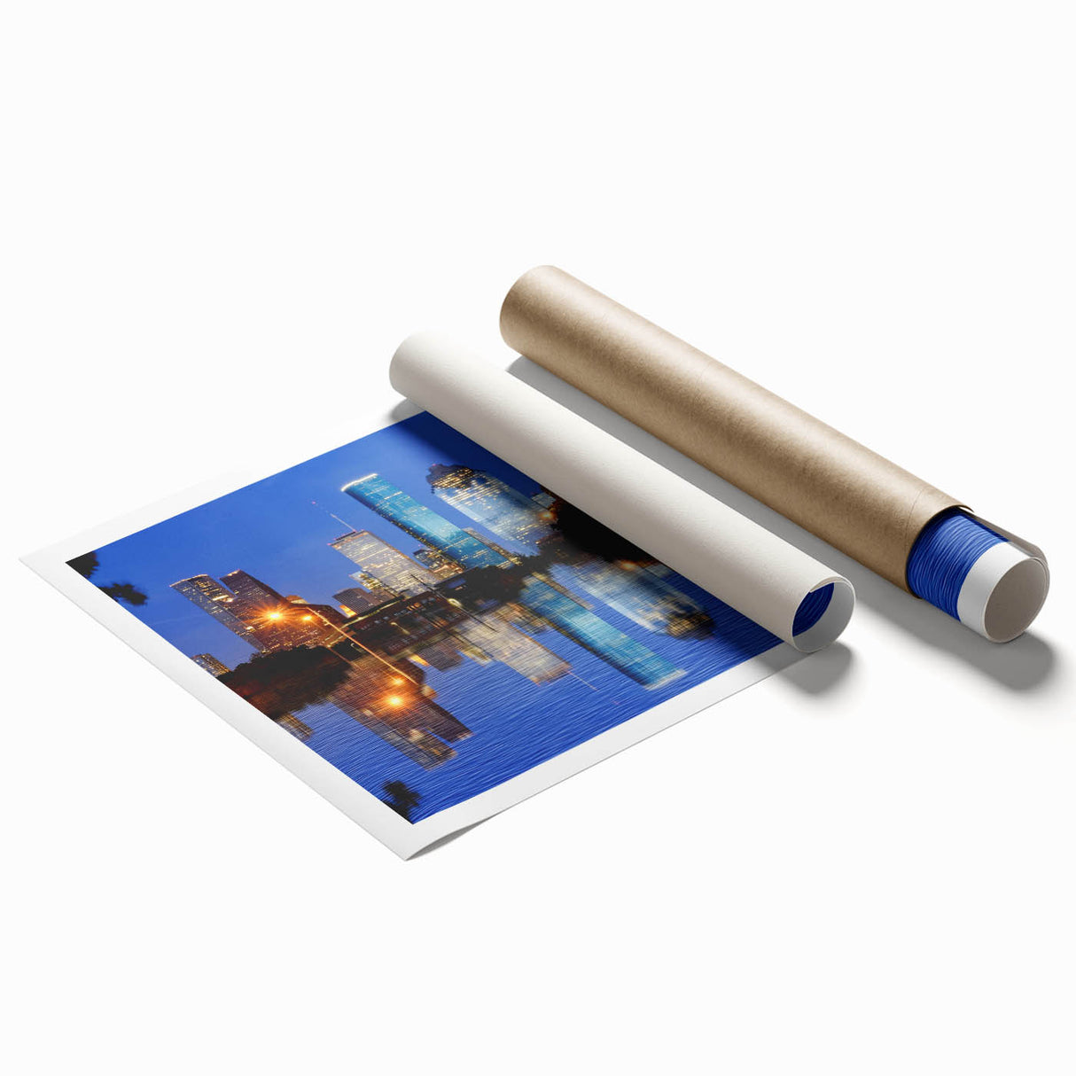 Extra large rolled canvas print featuring a vibrant depiction of Houston skyline with floral accents.