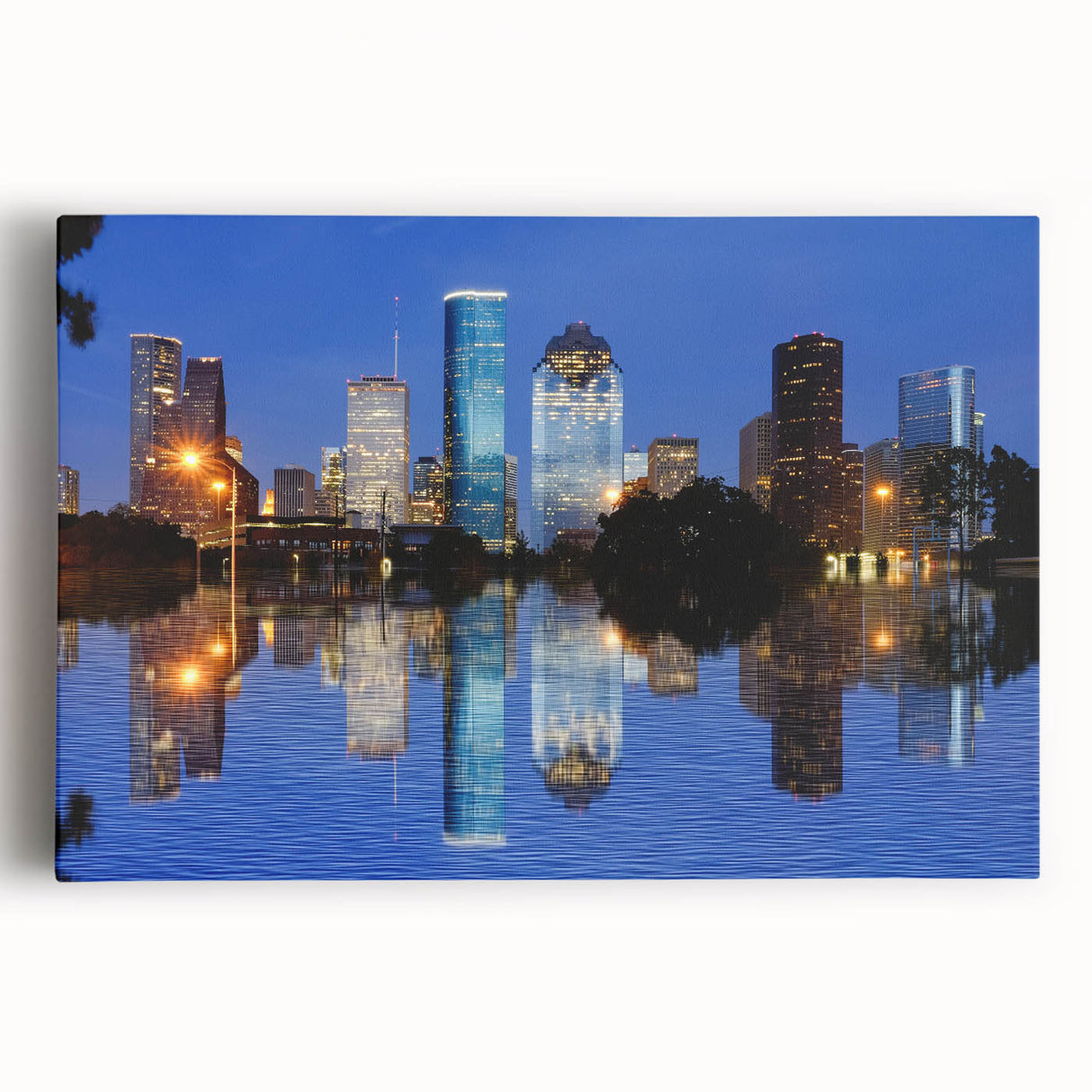 Black and white photograph of Houston skyline on stretched canvas, ideal for kitchen wall art.