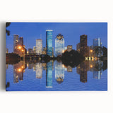 Black and white photograph of Houston skyline on stretched canvas, ideal for kitchen wall art.