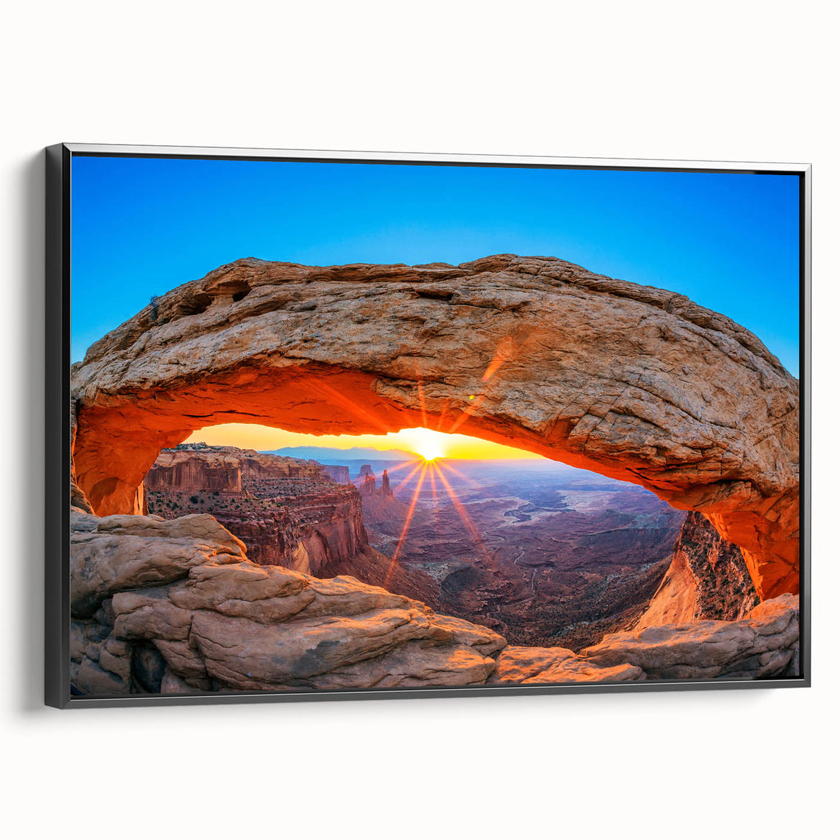 Black and white framed canvas of Arches National Park, ideal for bedroom wall art with a vintage poster style.