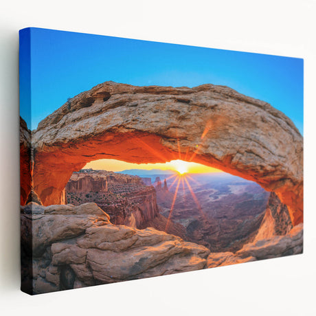Side view of a large stretched canvas depicting the Arches National Park in natural red and orange tones.
