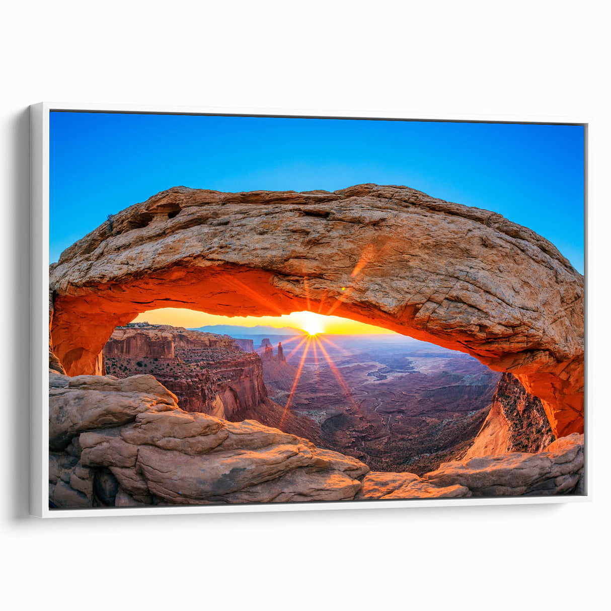 Vintage poster art of Utah's Canyonlands in vibrant colors, framed canvas ideal for living room decor.