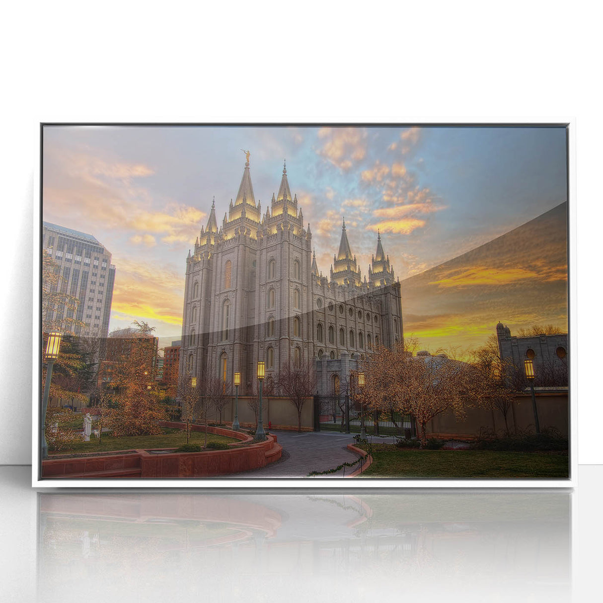 Acrylic print of Salt Lake City with white frame, in art deco style, showing muted blue and gray tones.