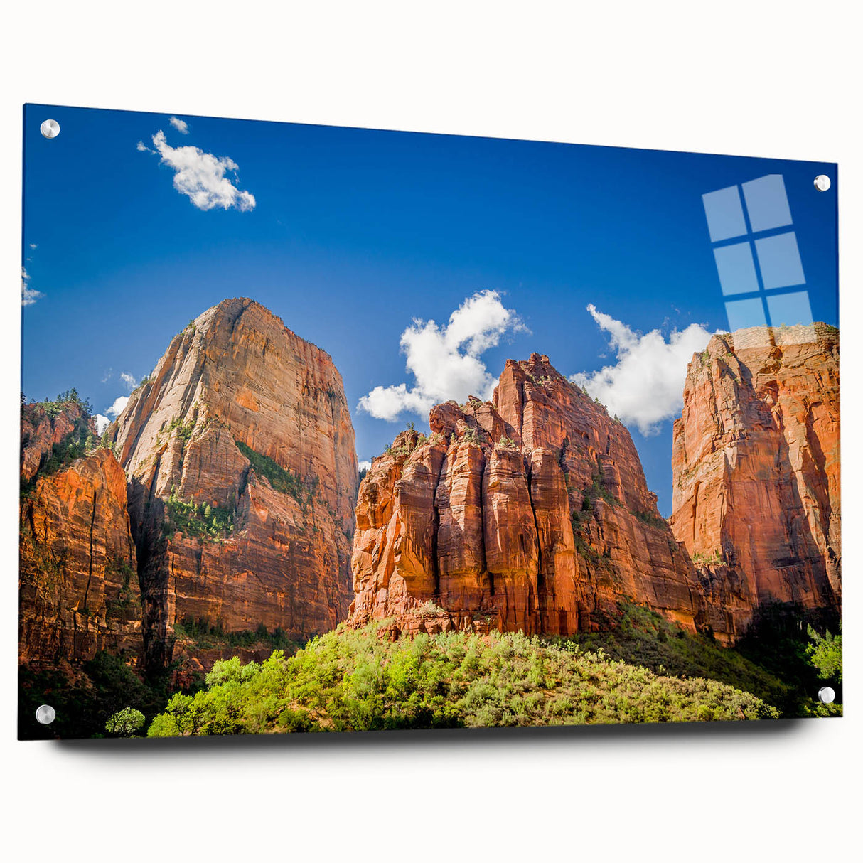 Acrylic print of Zion National Park with vivid orange and red tones, suitable for bedroom or dining room decor.
