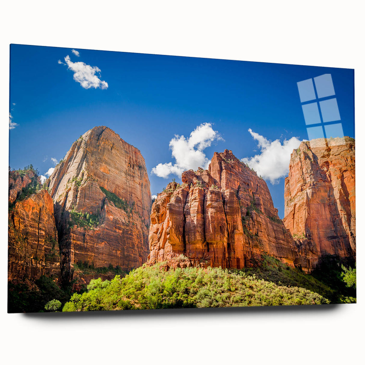 Large abstract wall art of Zion National Park in muted earth tones on acrylic glass, ideal for bedroom or dining room decor.