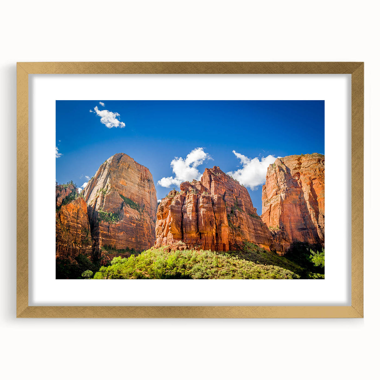 Extra large abstract art print of Zion, USA scenery in gold frame, featuring textured earth tones.