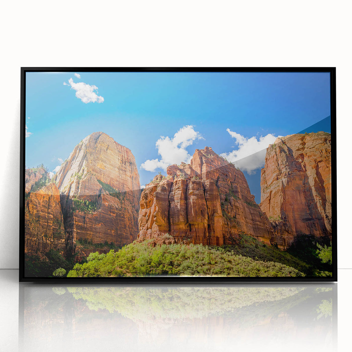 Large abstract wall art depicting Zion National Park in muted earth tones on a framed acrylic.