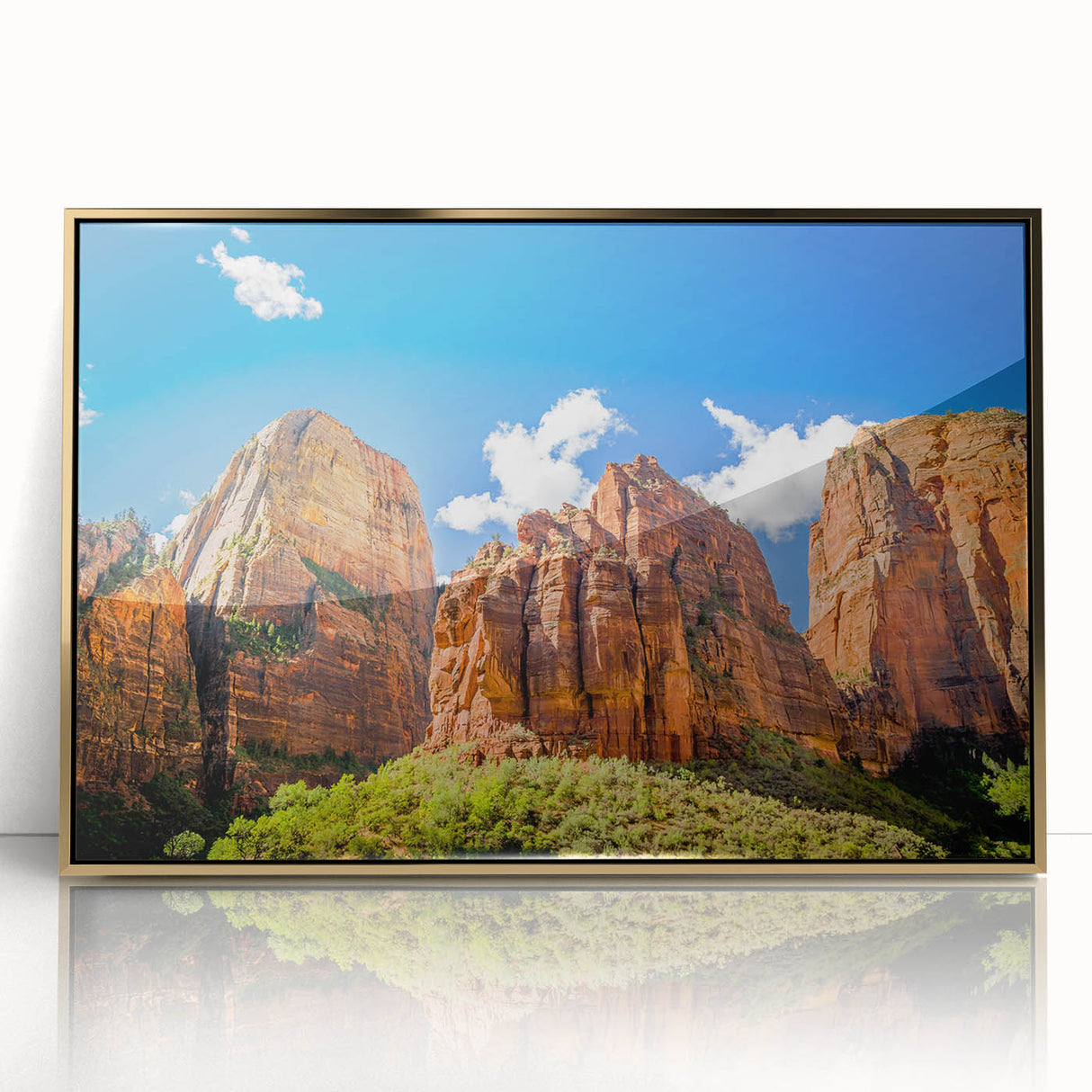 Framed acrylic print of Zion National Park in earthy tones, ideal for modern art wall decor.