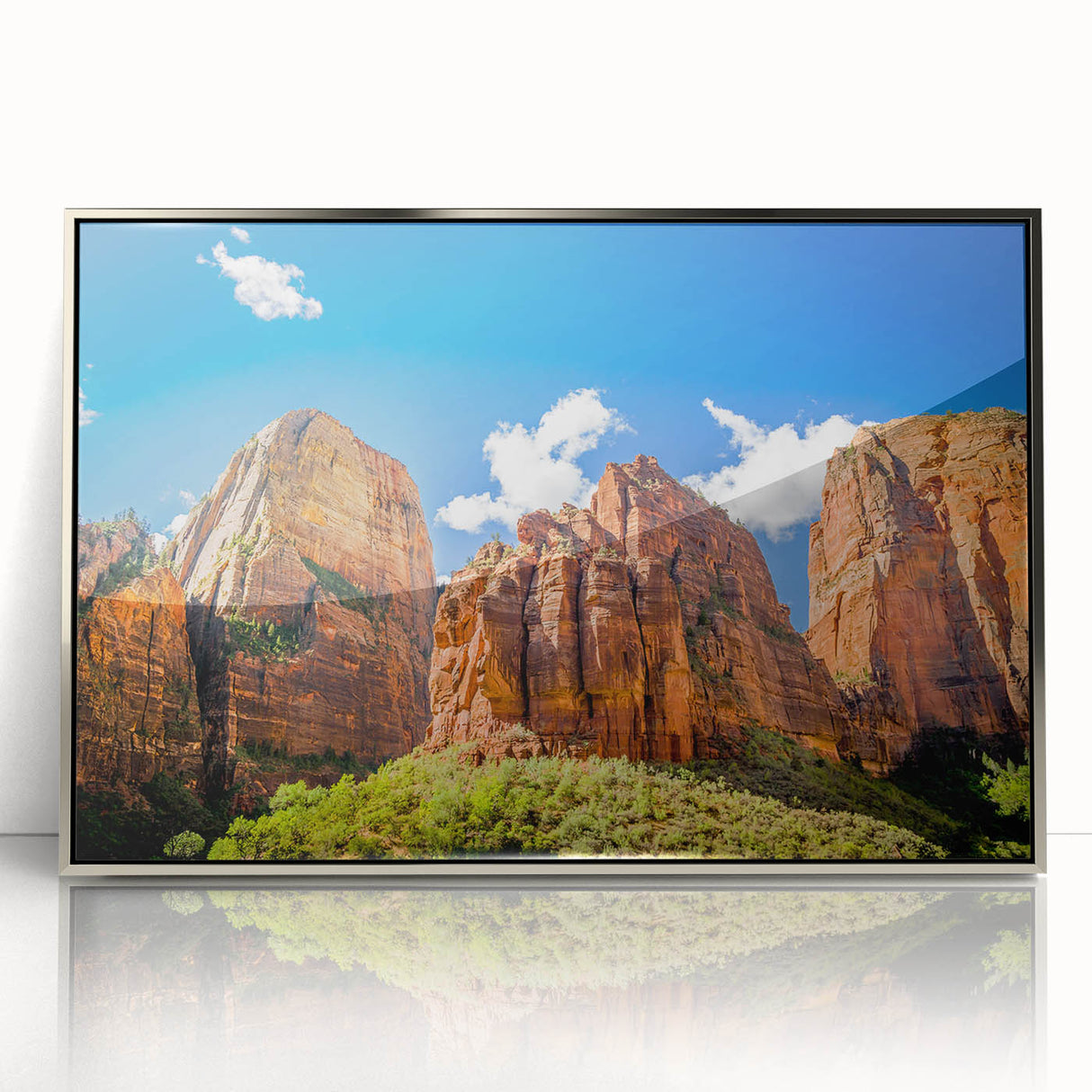 Framed acrylic print of Zion National Park in muted earth tones, ideal for modern art wall decor in a nursery.