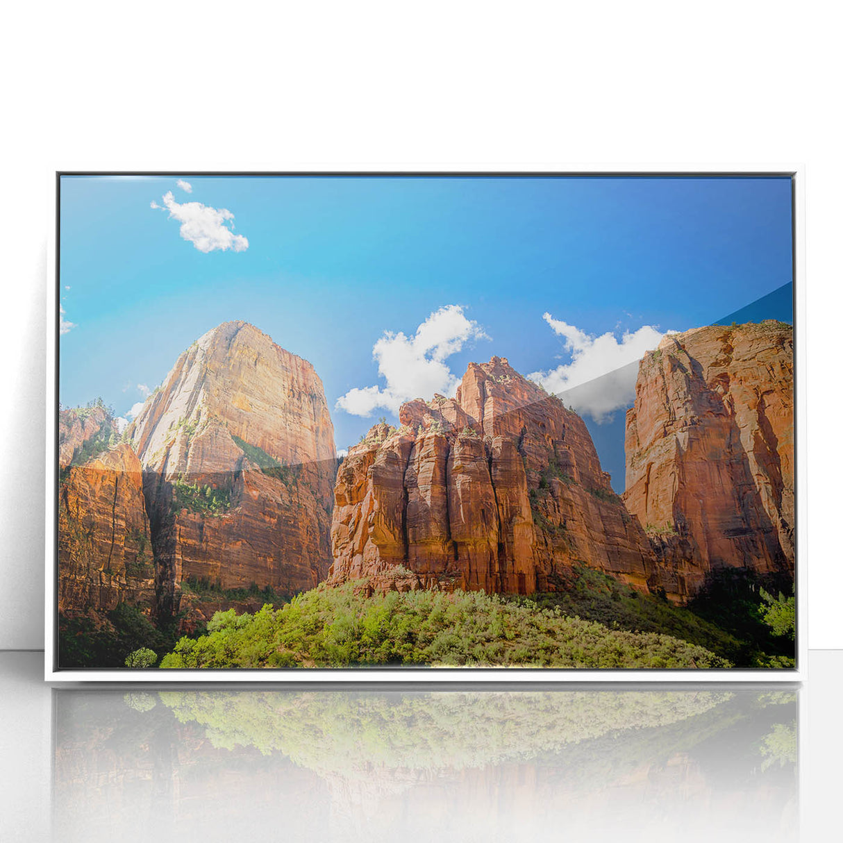 Acrylic print of Zion National Park in pastel shades, framed in white, ideal for modern nursery wall art.