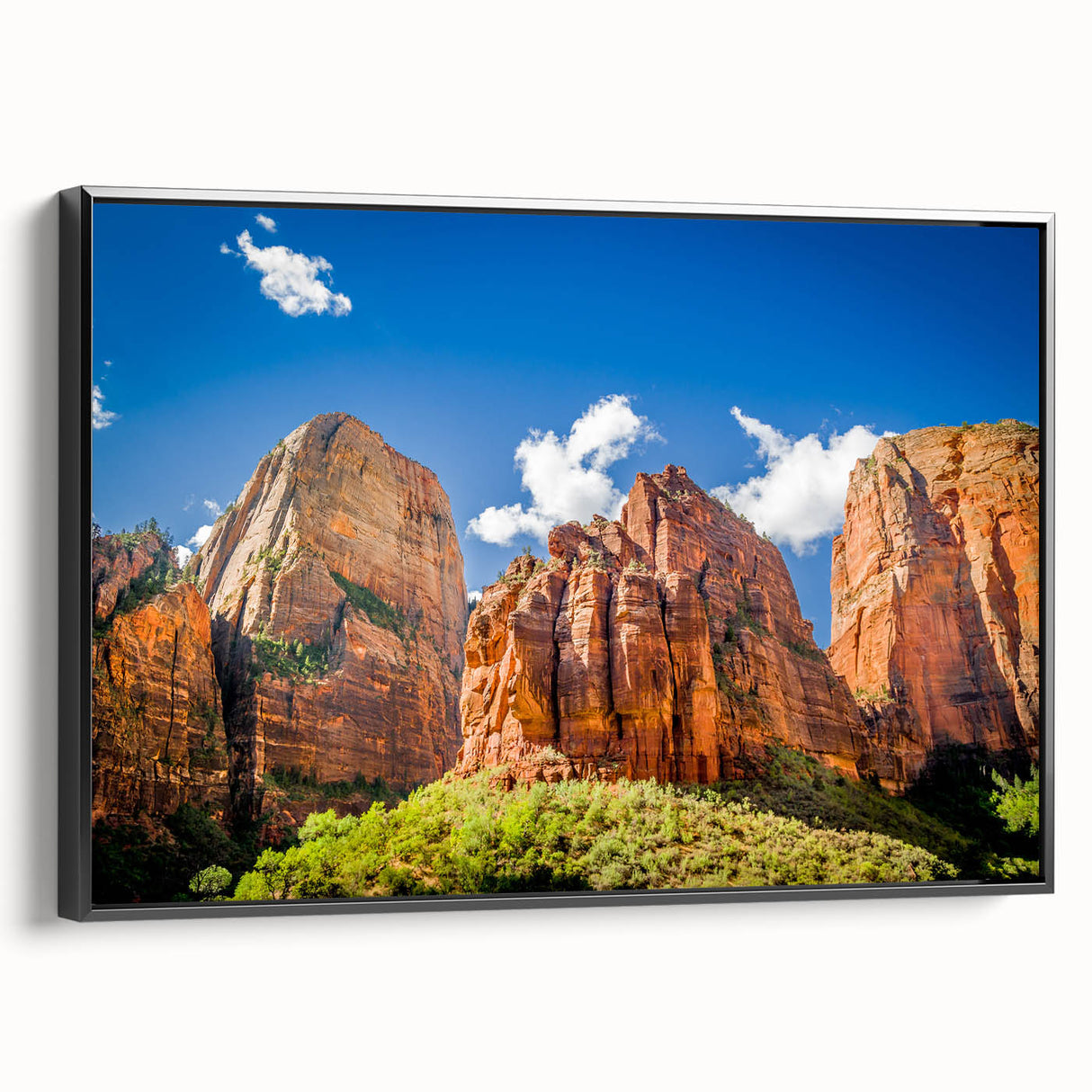 Black and white wall art of Zion landscape on framed canvas, suitable for bedroom.