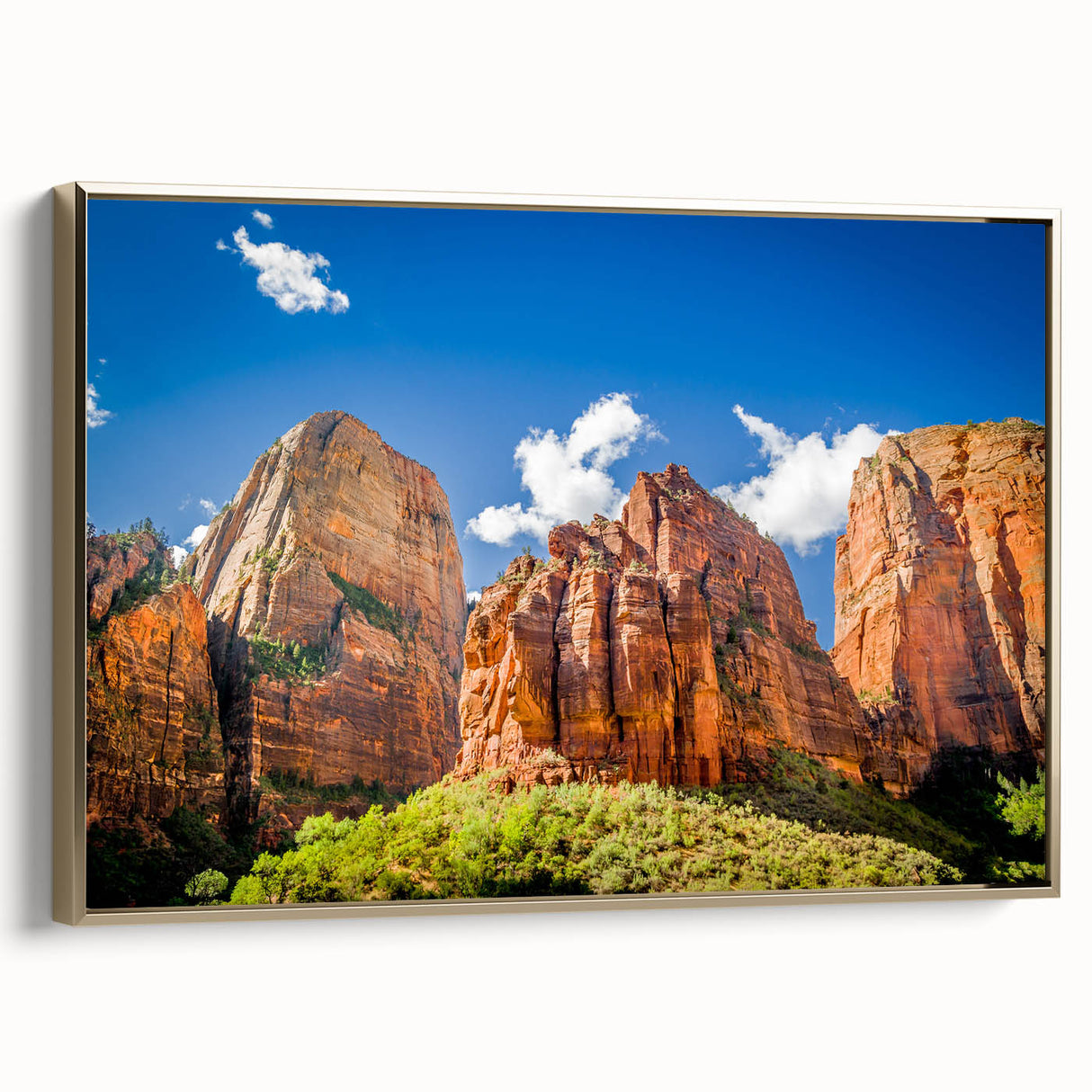 Framed canvas featuring a vintage-style landscape painting of Zion National Park in muted gold and black tones.