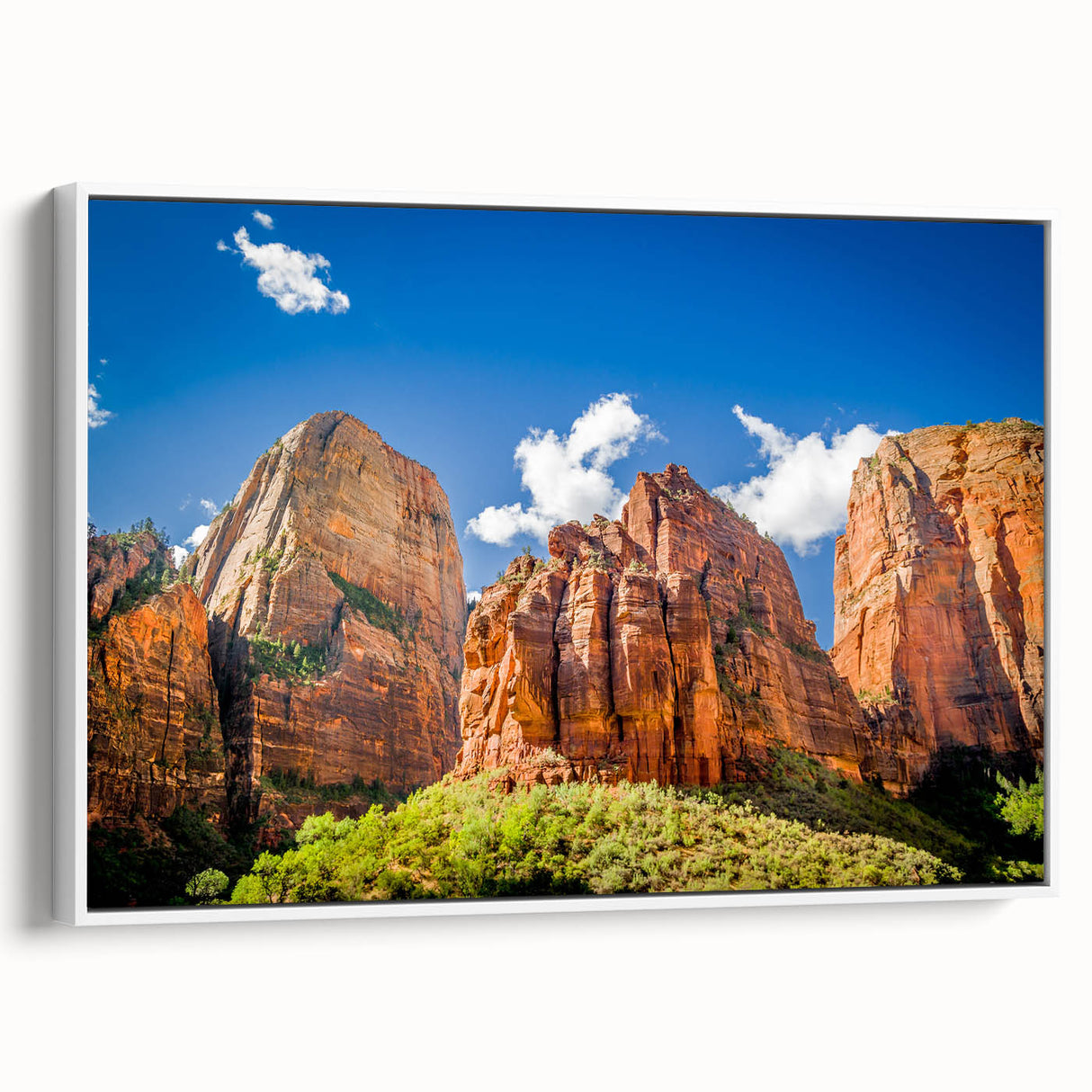 Vintage poster art of Zion National Park on extra large framed canvas, featuring vibrant colors against a black background.