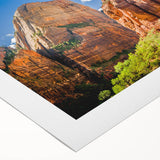Art deco poster of Zion National Park in muted earth tones on rolled canvas, suitable for dining room decor.
