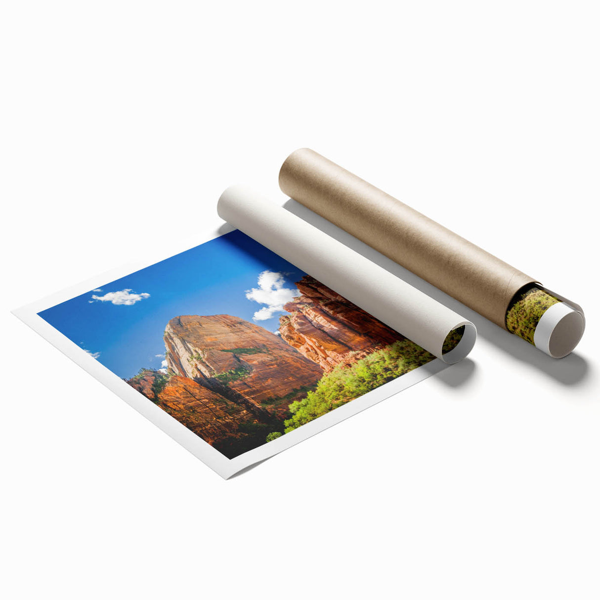 Rolled print of Zion National Park with vibrant green and earth tones.