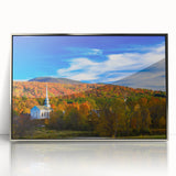 Mid-century modernist art depicting Vermont scenery in muted earth tones on a silver-framed acrylic print.