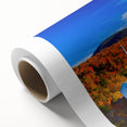 Art deco poster of Vermont scenery in muted green and brown tones on rolled canvas, ideal for nursery wall art.