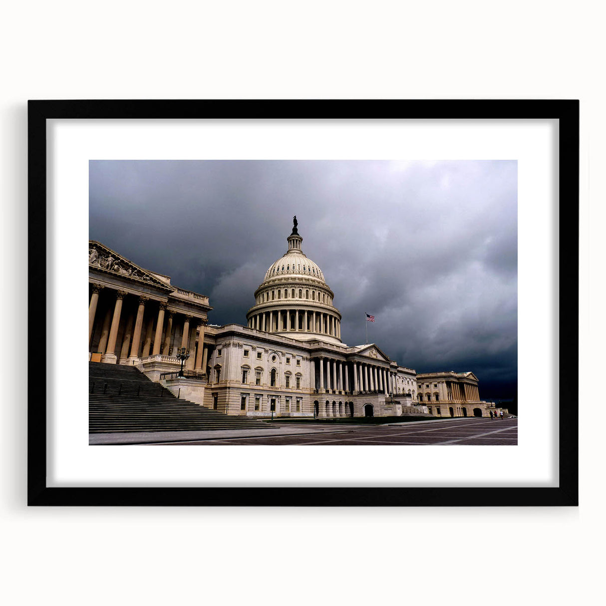 Abstract art print of Washington DC Capitol in vibrant colors on a black framed mat, ideal for living room decor.