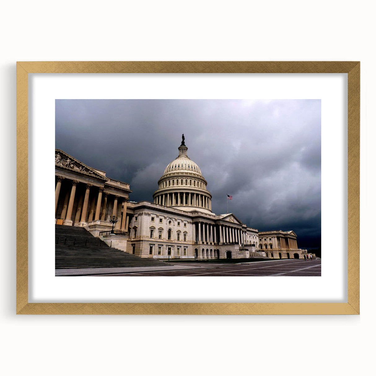 Extra large textured abstract print of Washington DC Capitol in muted earth tones, framed in gold.