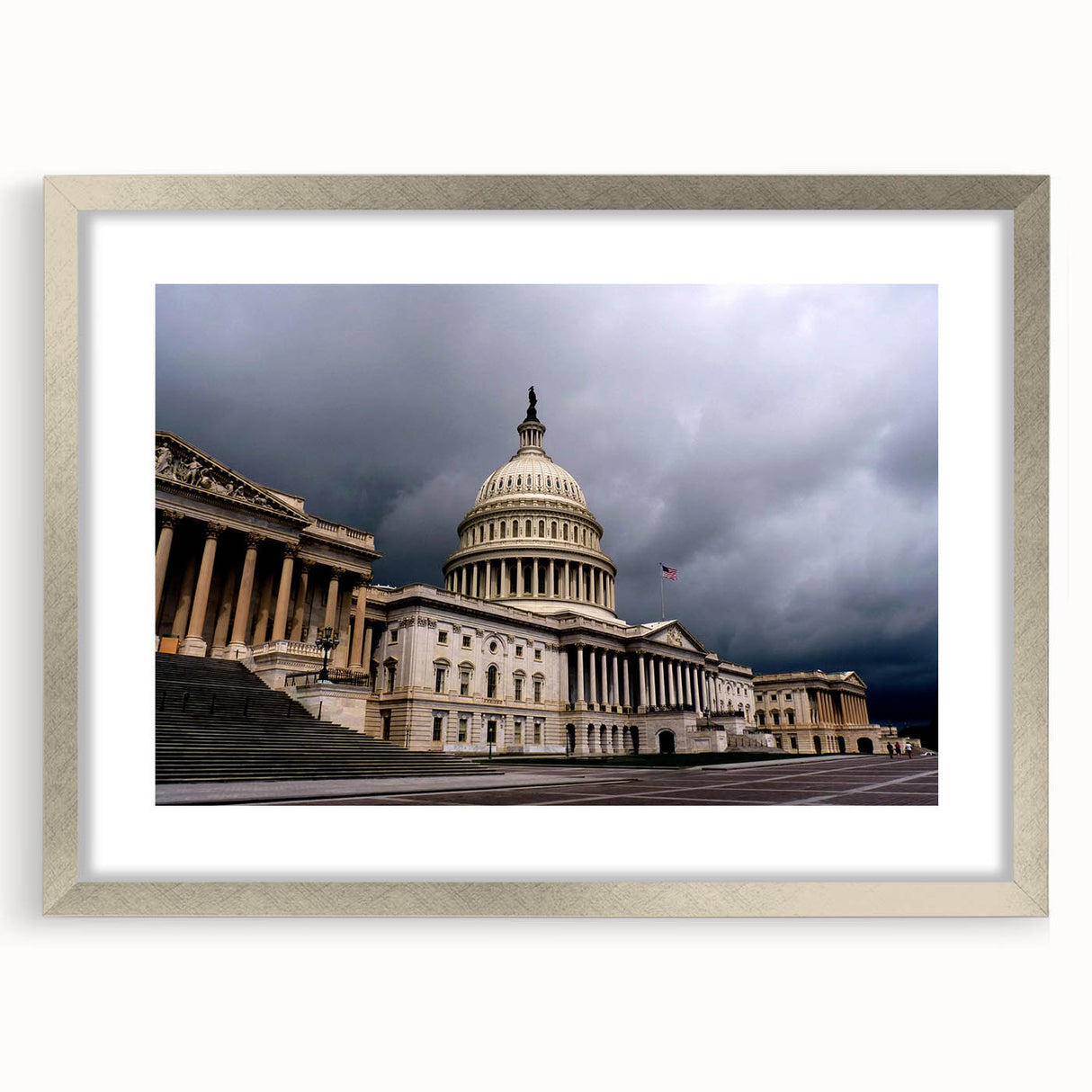 Textured art print of the Washington DC Capitol in abstract style, with muted silver and gray tones.