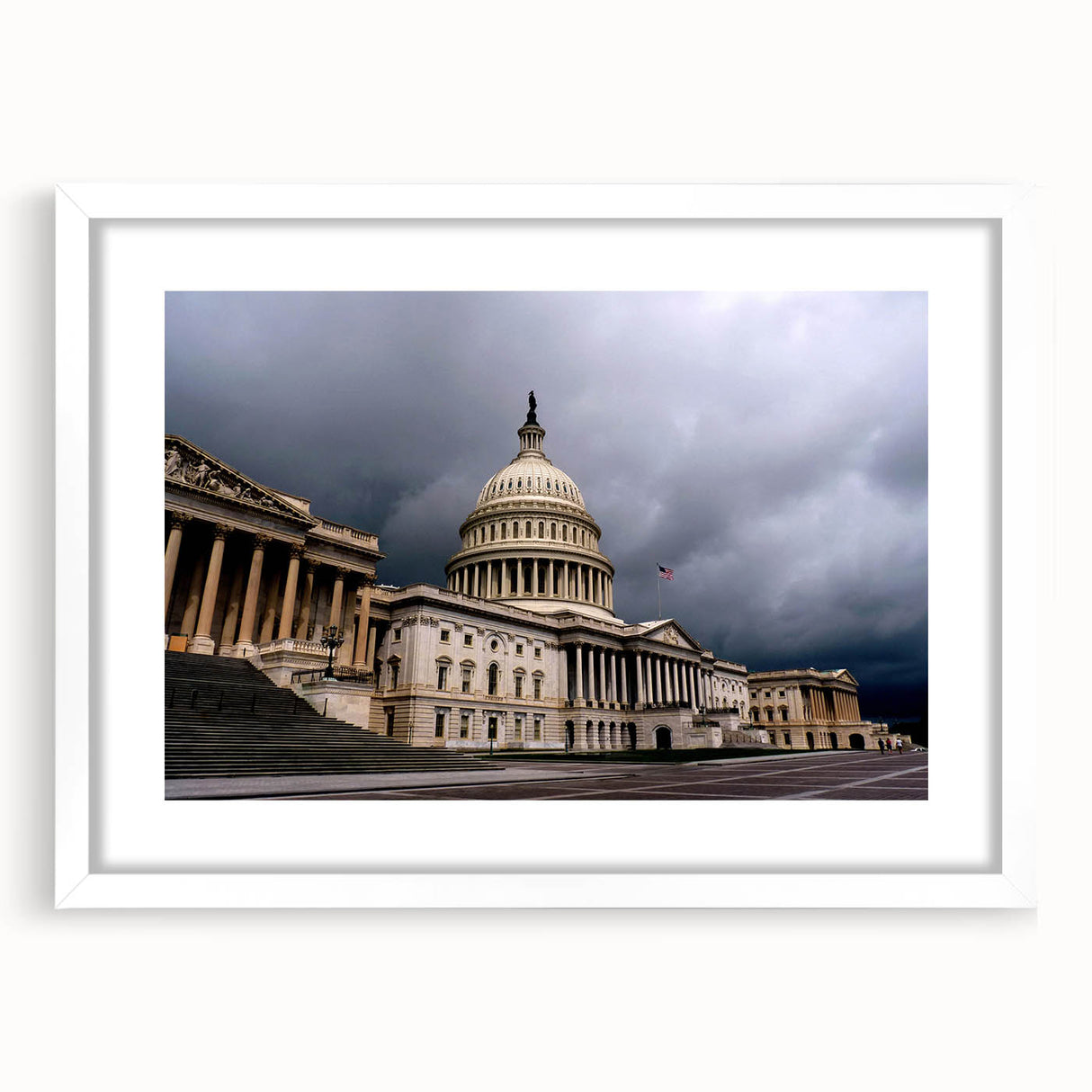 Abstract art print of Washington D.C. Capitol in muted earth tones, framed with a white mat, ideal for dining room decor.