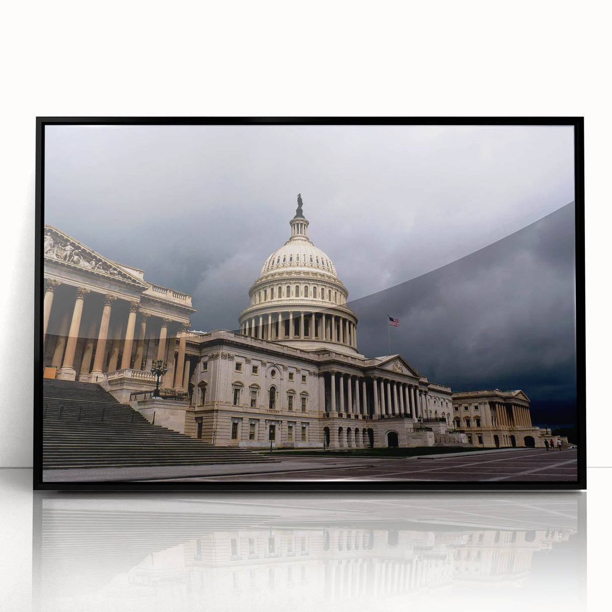 Large abstract wall art of Washington DC Capitol in muted gray, acrylic print in black frame, suitable for office decor.