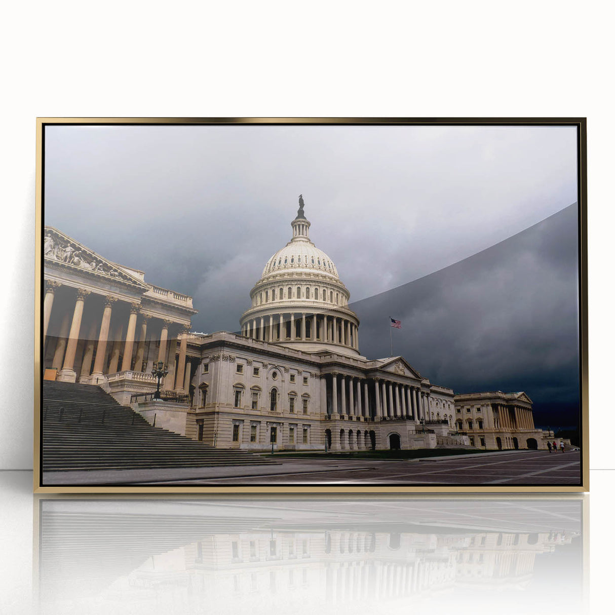 Acrylic print of Washington D.C. Capitol with mid-century modernist style in gold frame, suited for modern art wall decor.