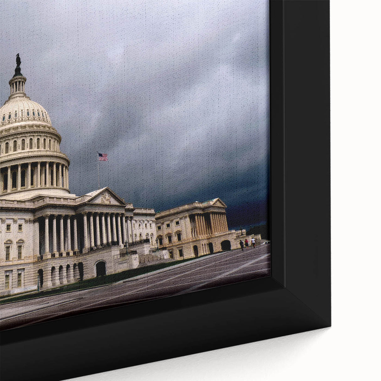 Close-up of a black wall art depicting the Washington DC Capitol on a framed canvas with colorful, textured details.