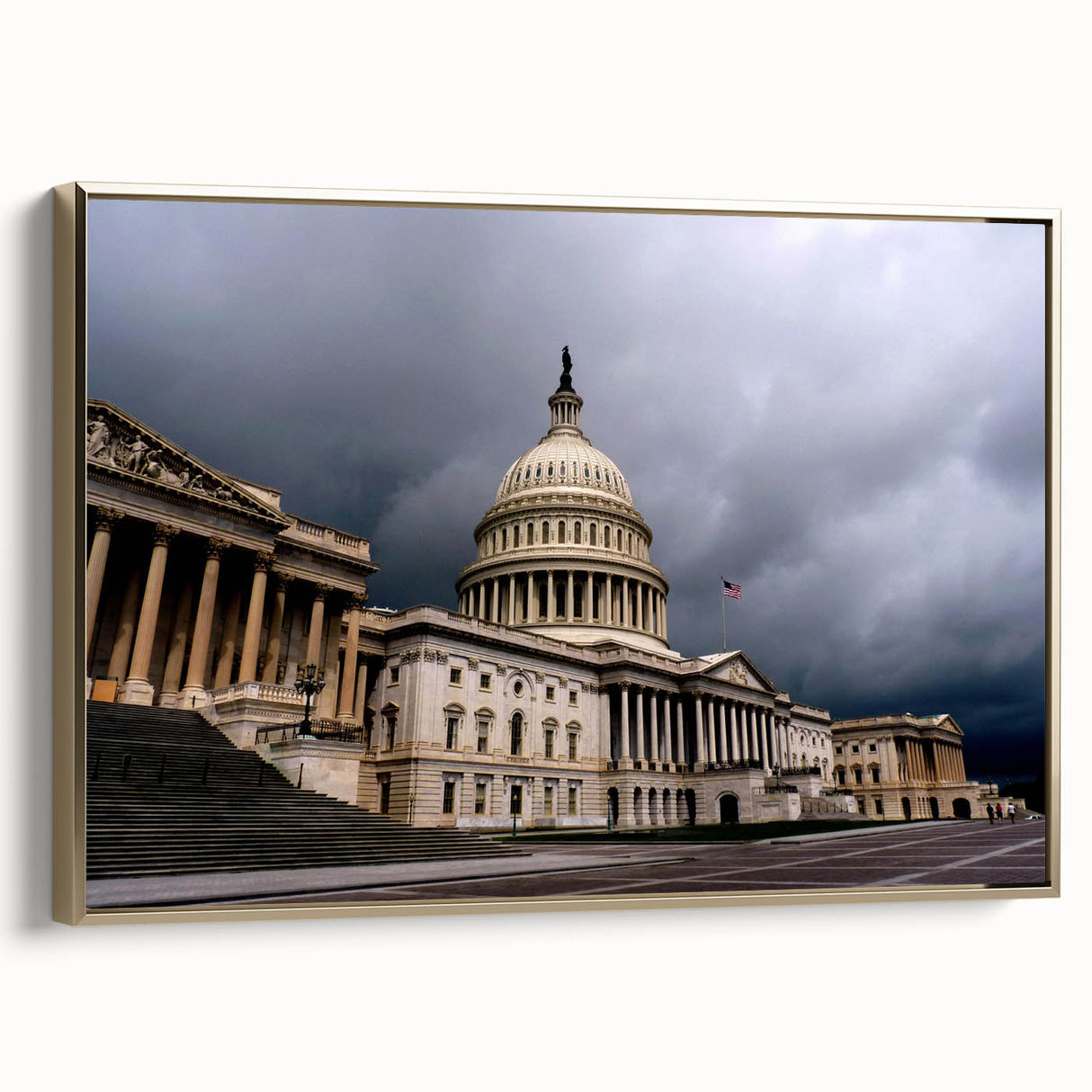 Framed canvas wall art depicting the Washington DC Capitol in black vintage poster style, ideal for bedroom decor.