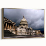 Framed canvas wall art depicting the Washington DC Capitol in black vintage poster style, ideal for bedroom decor.