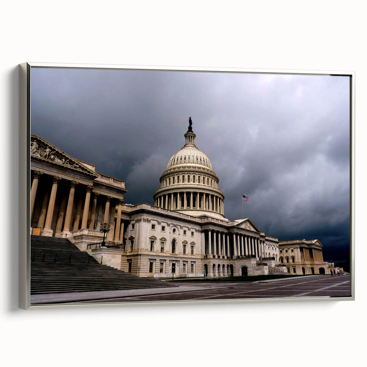 Framed canvas of a vintage-style Washington DC Capitol landscape art painting with muted colorful tones.