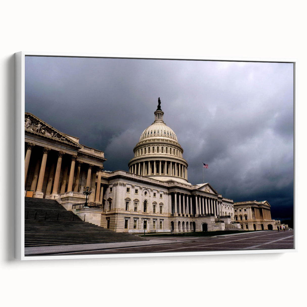 Vintage poster art of Washington D.C. Capitol in colorful hues on a framed canvas, ideal for living room decor.