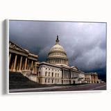 Vintage poster art of Washington D.C. Capitol in colorful hues on a framed canvas, ideal for living room decor.