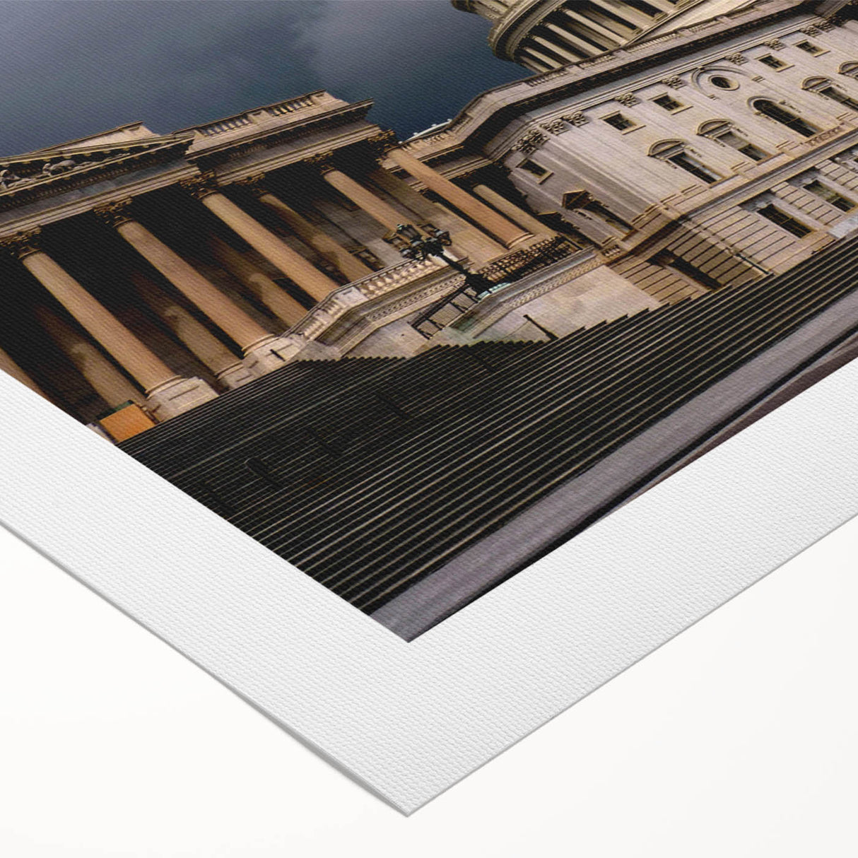 Art deco poster of Washington D.C. Capitol in muted sepia tones on rolled canvas, suitable for dining room wall art.