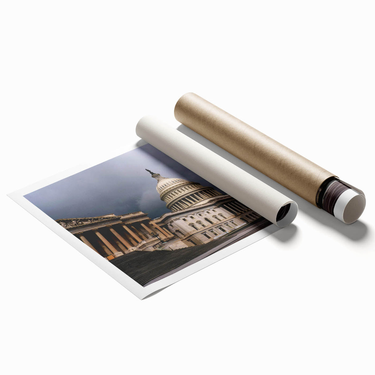 Rolled print of Washington D.C. Capitol with muted floral accents, suitable for large bathroom or living room walls.