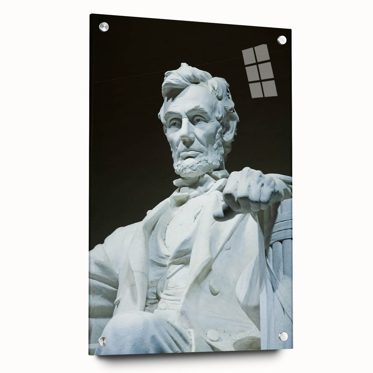 Acrylic print of the Washington DC skyline featuring a close-up view of the Lincoln Memorial in muted gray tones.