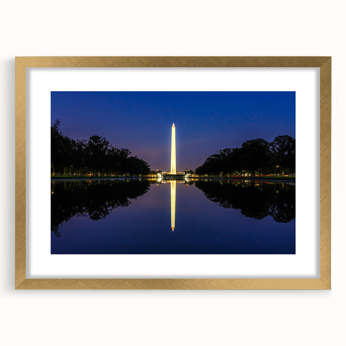 Extra large wall art depicting the Washington DC skyline in muted gray and gold tones, framed with a gold mat.