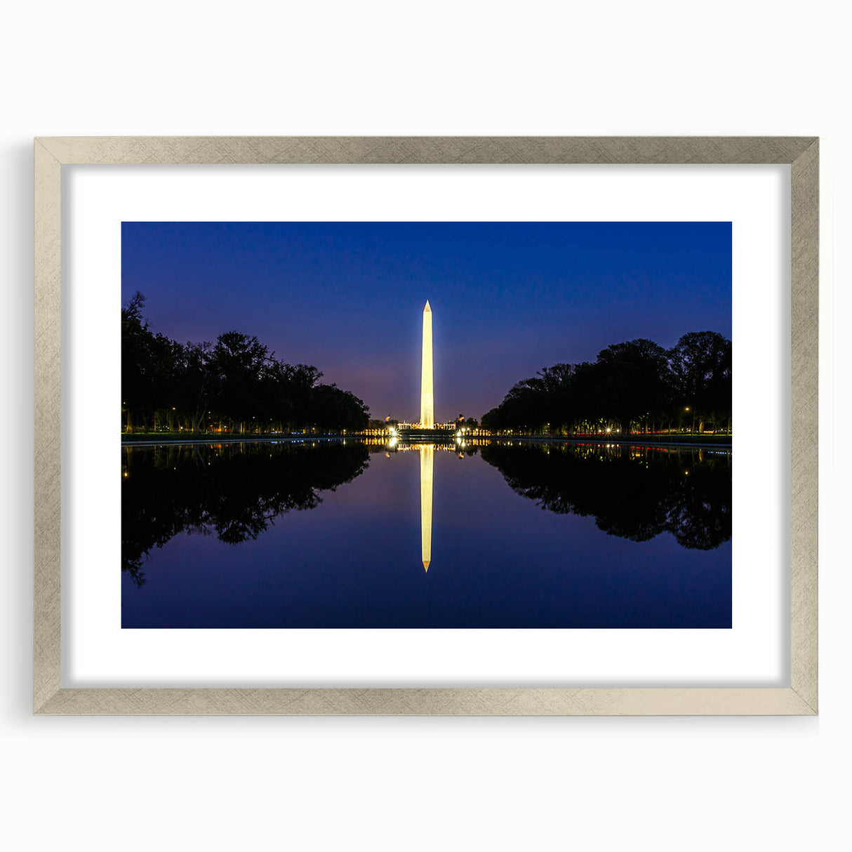 Textured art print of Washington D.C. monuments in muted gray tones on a framed poster, ideal for bedroom art.