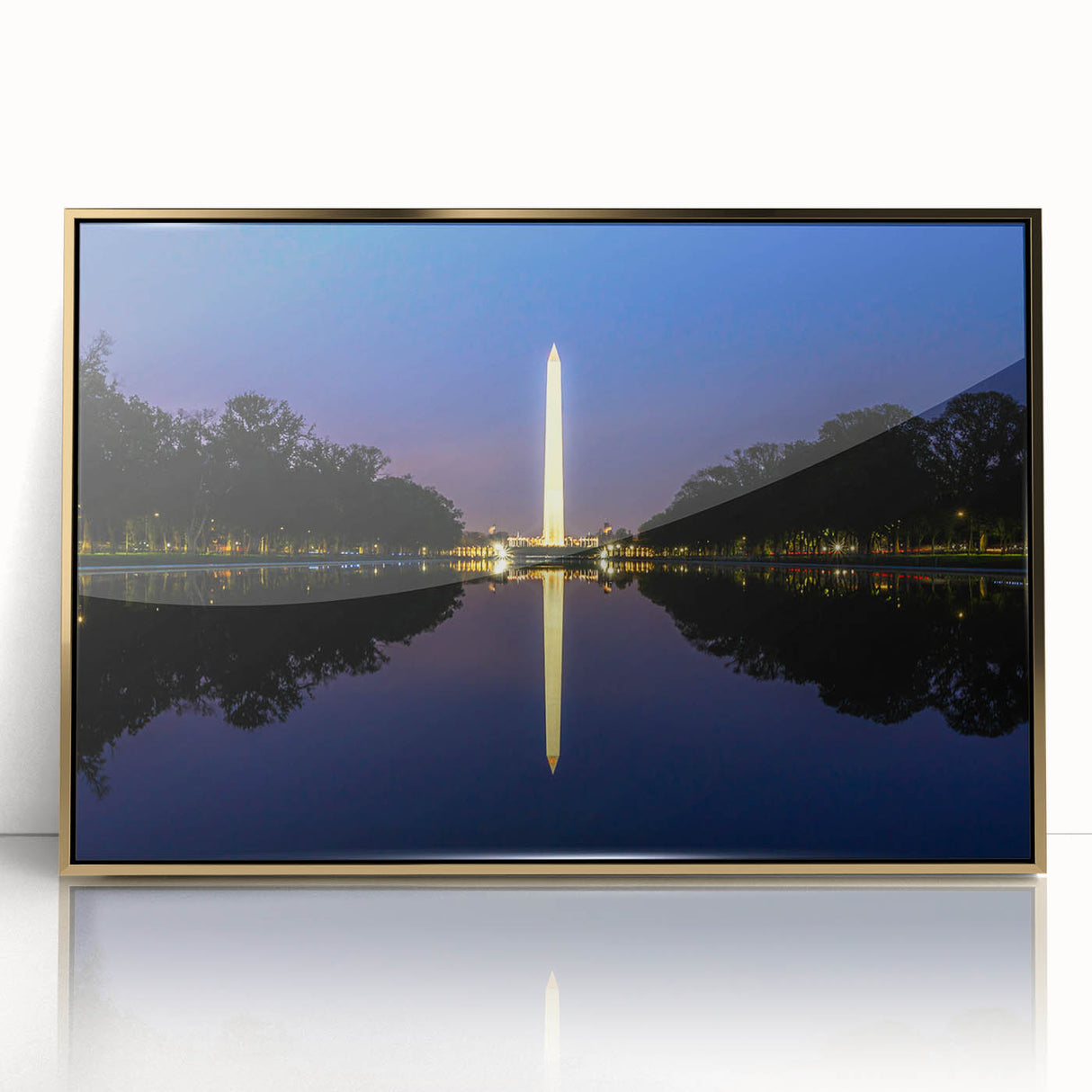 Large art print of Washington DC monuments in mid-century modernist style, framed in gold acrylic.