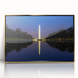 Large art print of Washington DC monuments in mid-century modernist style, framed in gold acrylic.