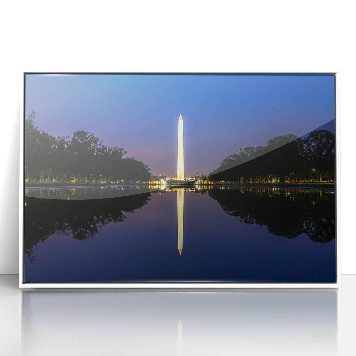 Acrylic print of Washington DC monument in art deco style with muted gray and white tones, ideal for modern art wall decor.
