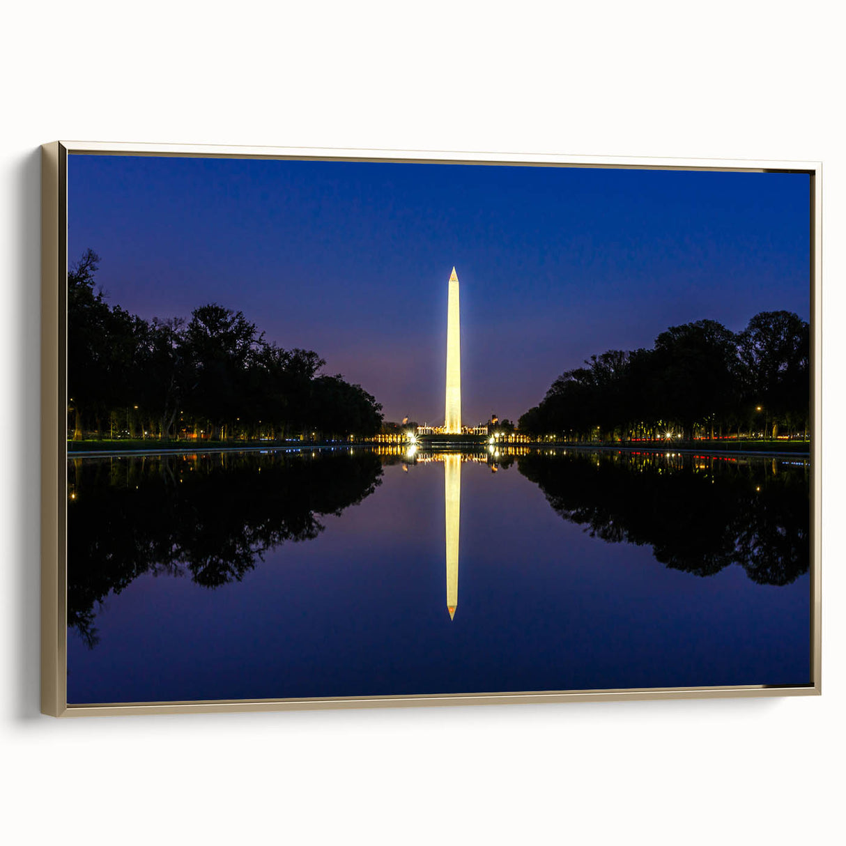 Framed canvas wall art of Washington D.C. monuments in black with gold accents, ideal for bedroom decor.