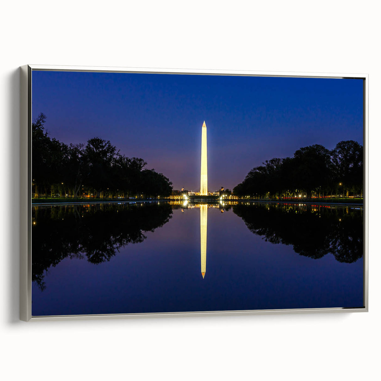 Framed canvas of Washington DC monuments in muted black and silver tones, suitable for office decor.