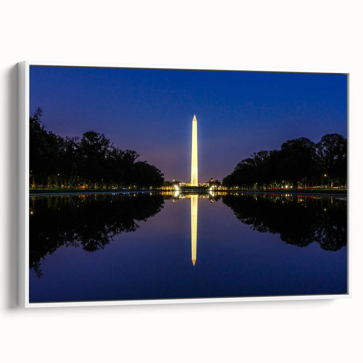 Vintage poster art of Washington DC monuments in colorful hues on a white framed canvas, ideal for living room decor.