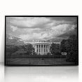 Large abstract wall art of the White House in muted gray and black tones on a framed acrylic, ideal for modern office decor.