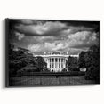 Black and white wall art of the White House in a vintage poster style on framed canvas, suitable for bedroom decor.