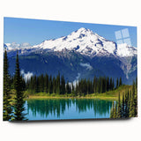 Acrylic print of Mount Rainier with lush green foreground and clear sky, suitable for bedroom or dining room decor.