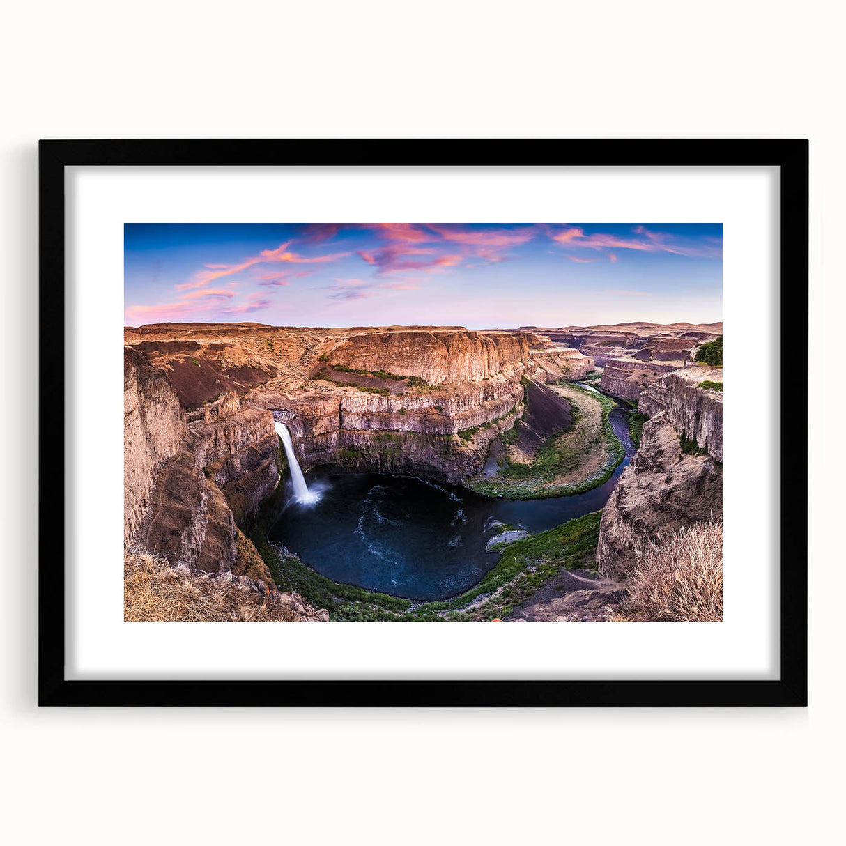 Extra large abstract art print of colorful, textured rolling hills of Palouse on a black framed canvas.